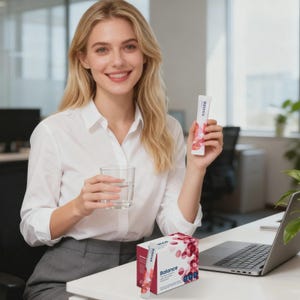 Puede incluir: Una mujer con camisa blanca y pantal&oacute;n gris sostiene un vaso de agua y un paquete con la etiqueta "Balance". Una caja de paquetes similares est&aacute; sobre un escritorio blanco junto a un port&aacute;til. Los paquetes y la caja presentan un dise&ntilde;o circular rojo y rosa.