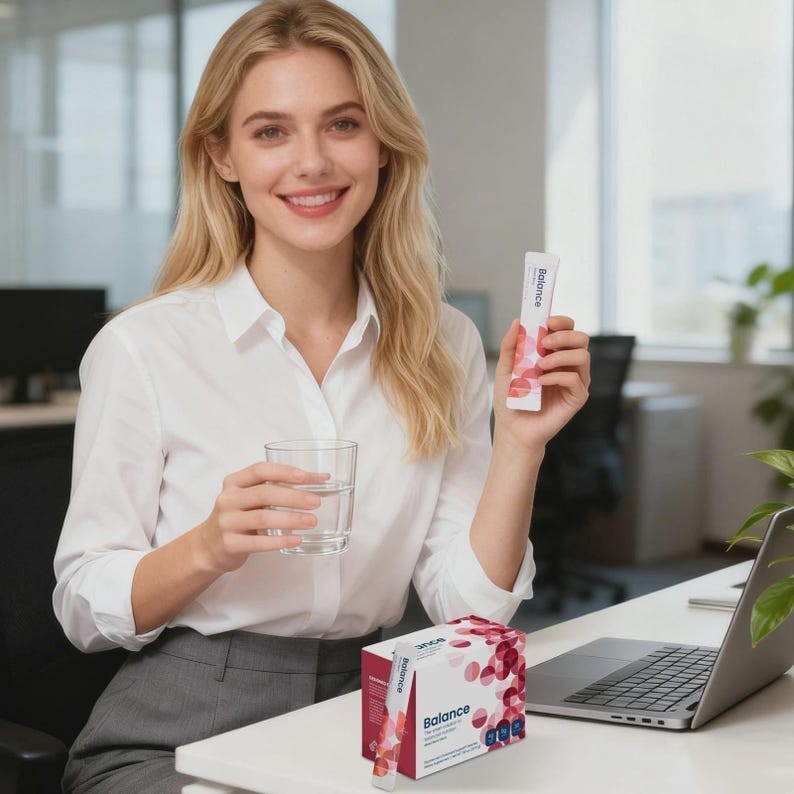Puede incluir: Una mujer con camisa blanca y pantal&oacute;n gris sostiene un vaso de agua y un paquete con la etiqueta "Balance". Una caja de paquetes similares est&aacute; sobre un escritorio blanco junto a un port&aacute;til. Los paquetes y la caja presentan un dise&ntilde;o circular rojo y rosa.