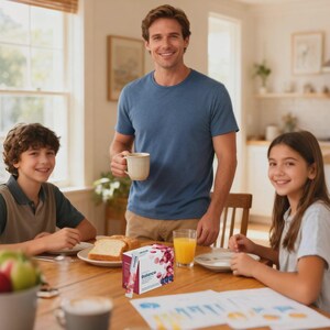 Puede incluir: Una familia est&aacute; reunida alrededor de una mesa de madera en una cocina luminosa. Una caja de suplementos "Balance" est&aacute; sobre la mesa, junto con un vaso de zumo de naranja, pan y una taza de caf&eacute;. Un hombre y dos ni&ntilde;os sonr&iacute;en a la c&aacute;mara.