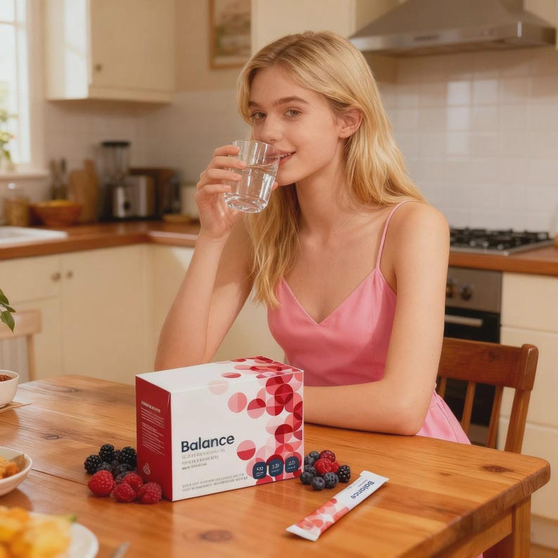 Puede incluir: Una mujer con un vestido rosa bebe agua de un vaso. Una caja de suplementos "Balance" con c&iacute;rculos rojos y blancos est&aacute; sobre una mesa de madera, junto con bayas y un sobre de suplementos. La cocina tiene armarios de madera y una campana extractora de acero inoxidable.