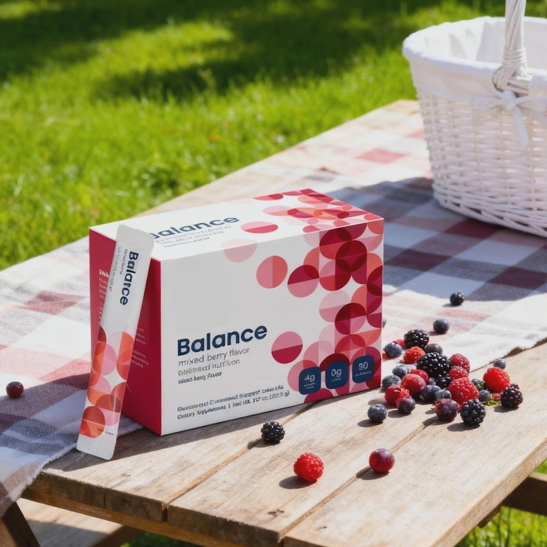 Puede incluir: Una caja de suplemento diet&eacute;tico "Balance" sabor a frutos del bosque con un sobre en barra. La caja tiene un fondo blanco con c&iacute;rculos rojos y rosas. Bayas frescas esparcidas sobre una mesa de madera.