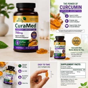 May include: A brown plastic bottle of Terry Naturally CuraMed 750mg dietary supplement softgels. The label features text including The Power of Curcumin, Superior Absorption, and 120 softgels. A graphic shows a 1-inch long golden softgel.