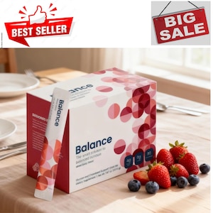 Puede incluir: Una caja de suplemento diet&eacute;tico "Balance" con sabor a frutos rojos, junto con un sobre individual. La caja es blanca y roja, con el texto "Balance" y "Best Seller". Tambi&eacute;n se ven fresas y ar&aacute;ndanos frescos.