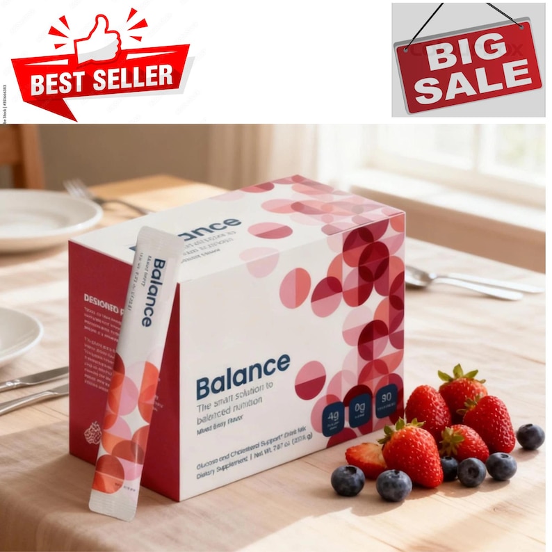 Puede incluir: Una caja de suplemento diet&eacute;tico "Balance" con sabor a frutos rojos, junto con un sobre individual. La caja es blanca y roja, con el texto "Balance" y "Best Seller". Tambi&eacute;n se ven fresas y ar&aacute;ndanos frescos.