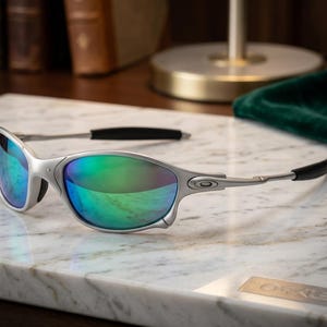 May include: Silver-framed sunglasses with iridescent lenses reflecting green and blue hues. The sunglasses have black temple tips and are resting on a marble surface. The overall design is sleek and modern.