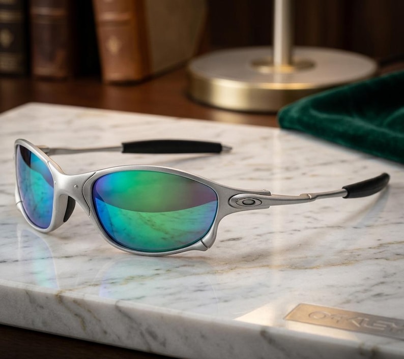 May include: Silver-framed sunglasses with iridescent lenses reflecting green and blue hues. The sunglasses have black temple tips and are resting on a marble surface. The overall design is sleek and modern.