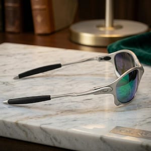 May include: Silver-framed sunglasses with black temple tips and reflective lenses. The lenses have a green and blue hue. The sunglasses are resting on a marble surface.