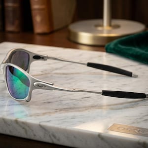 May include: Silver-framed sunglasses with iridescent lenses. The sunglasses have a sleek, modern design with black temple tips. The lenses reflect a spectrum of colors, including green and blue. The Oakley logo is visible on the frame.