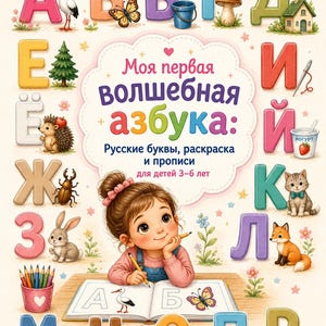 May include: A children's educational book titled 'Моя первая волшебная азбука' featuring Russian alphabet letters, each paired with a colorful illustration like a stork, butterfly, hedgehog, and fox, surrounding a central image of a child writing.