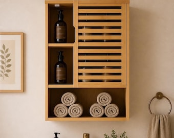 Bambus-Badezimmerwandschrank, Aufbewahrungsorganizer aus Holz, Badezimmerregal, moderner Wandschrank für Badezimmer, Handtuchaufbewahrung
