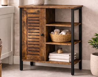 Armario de baño rústico de madera, mueble de suelo independiente, organizador de baño con estantes, almacenamiento para espacios pequeños, decoración de estilo rústico.