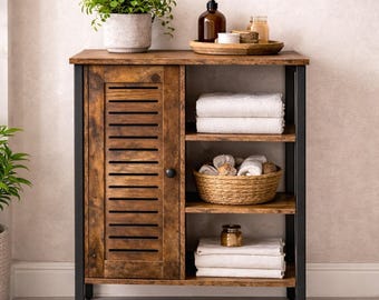 Rustikaler Badezimmerschrank aus Holz, freistehend, mit Regalen, platzsparende Aufbewahrungsmöglichkeit im Landhausstil