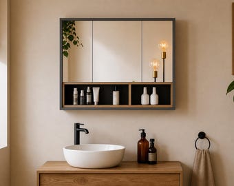 Modern Wall Mirror Cabinet with Storage Shelf Minimalist Bathroom Mirror Unit Wood and Black Vanity Organizer Bathroom Storage Cabinet