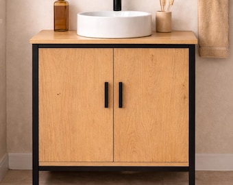 Mueble de baño con lavabo sobre encimera, mueble de baño de madera, mueble de baño moderno, mueble de baño independiente, almacenamiento de baño, decoración rústica minimalista.