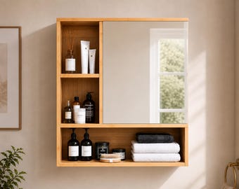 Mobiletto da bagno in legno con specchio e ripiani, organizer a parete, moderno e minimalista, mobiletto da bagno con specchio e ripiani.