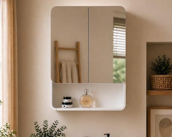 Modern Bathroom Mirror Cabinet with Shelf Wall Mounted Storage Organizer Minimalist Vanity Mirror Cupboard
