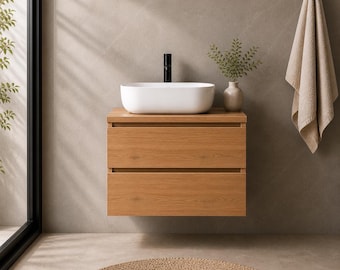 Mobile bagno sospeso in legno, mobiletto a parete moderno e minimalista con lavabo e cassetto contenitore, mobile bagno.