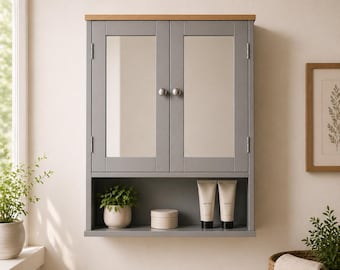 Armario de baño gris de pared con estante abierto, tapa de madera, botiquín de estilo rústico, pequeño armario organizador para el baño.