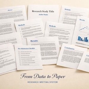 Op de afbeelding: Een verzameling witte papieren documenten met blauwe tekst, waaronder "Abstract", "Introduction", "Methods" en "Results". De documenten zijn gerangschikt op een lichtbeige oppervlak, met de tekst "From Data to Paper" onderaan.