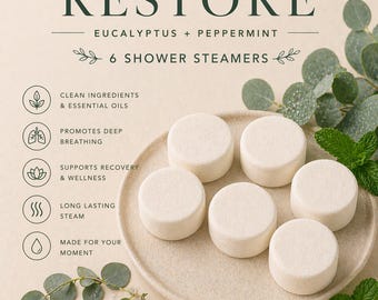 Restore Shower Steamers | Eucalyptus Peppermint | 6 Pack | Natural Essential Oil Aromatherapy