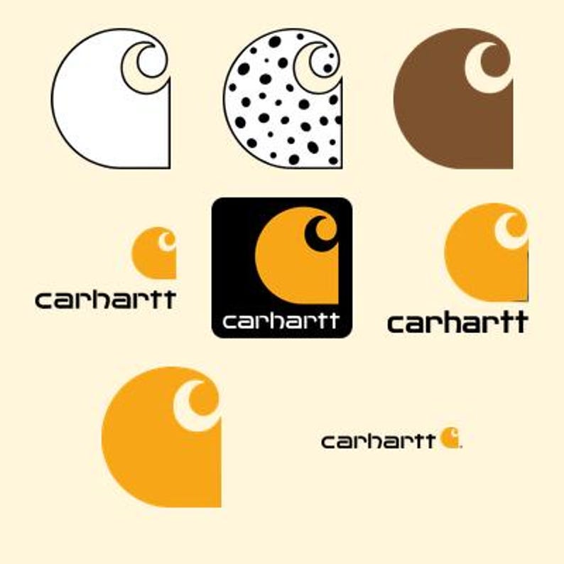 May include: A collection of Carhartt logos in various styles, including a white outline, a black-spotted pattern, a solid brown, and several solid orange versions. Some logos are paired with the lowercase text carhartt in a black sans-serif font.