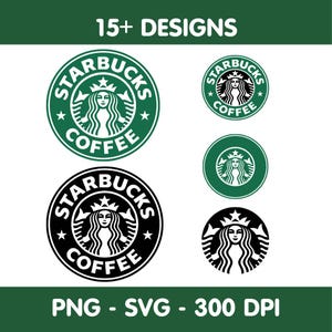 May include: A digital graphic set featuring 15+ designs of the Starbucks Coffee circular logo in various sizes and color variations, including green and black versions. The text 15+ DESIGNS and PNG - SVG - 300 DPI is displayed in white.