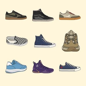 May include: A collection of nine illustrated sneakers arranged in a grid, featuring various styles including low-top, high-top, slip-on, and athletic designs in colors such as olive, black, tan, blue, purple, and a black and white checkerboard pattern.