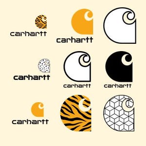 May include: A collection of nine Carhartt logo variations arranged in a grid. Each logo features the iconic C-shaped emblem paired with the word carhartt in lowercase letters. Designs include solid orange, black, white, tiger stripes, and geometric patterns.