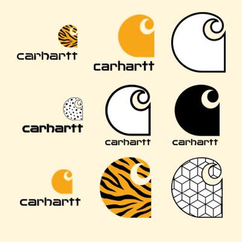 May include: A collection of nine Carhartt logo variations arranged in a grid. Each logo features the iconic C-shaped emblem paired with the word carhartt in lowercase letters. Designs include solid orange, black, white, tiger stripes, and geometric patterns.