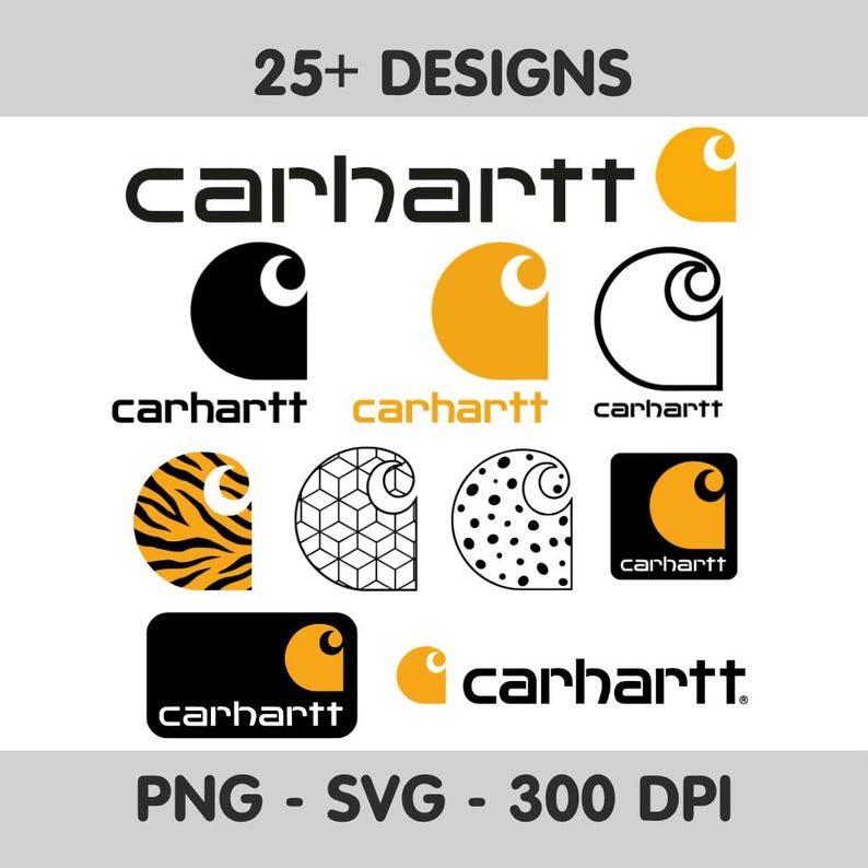 May include: A digital collection of 25+ Carhartt logo designs in various styles, including solid black, yellow, and outlined versions. Patterns include tiger stripes, geometric cubes, and polka dots, presented in PNG and SVG formats at 300 DPI.