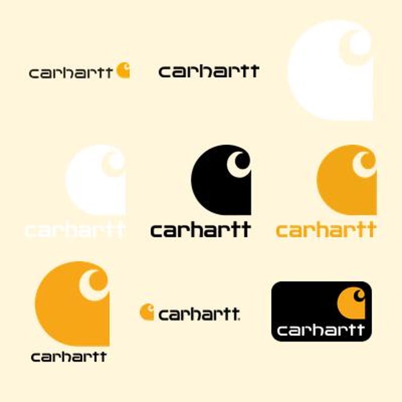 May include: A collection of Carhartt brand logos displayed in various formats, including the wordmark in black or orange, and the iconic C-shaped emblem in white, black, and orange. The designs feature the text carhartt in a lowercase sans-serif font.