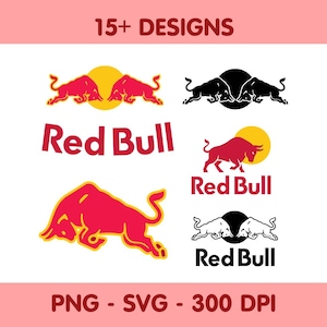 以下が含まれることがあります： 赤、黄、黒、白などの様々な配色で構成されたRed Bullロゴの15種類以上のデザインを含むデジタルグラフィックコレクション。画像には、複数の雄牛のシルエット、円形の背景、そして太字のRed Bullというテキストが表示されています。
