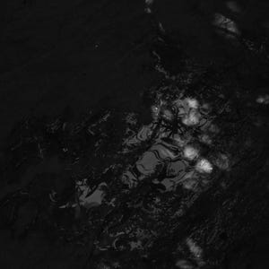 Könnte beinhalten: Graustufenbild einer dunklen, strukturierten Oberfläche mit Bereichen von Licht und Schatten. Das Bild hat eine natürliche, abstrakte Qualität, mit Reflexionen und Mustern, die Wasser oder ein ähnliches flüssiges Medium suggerieren.