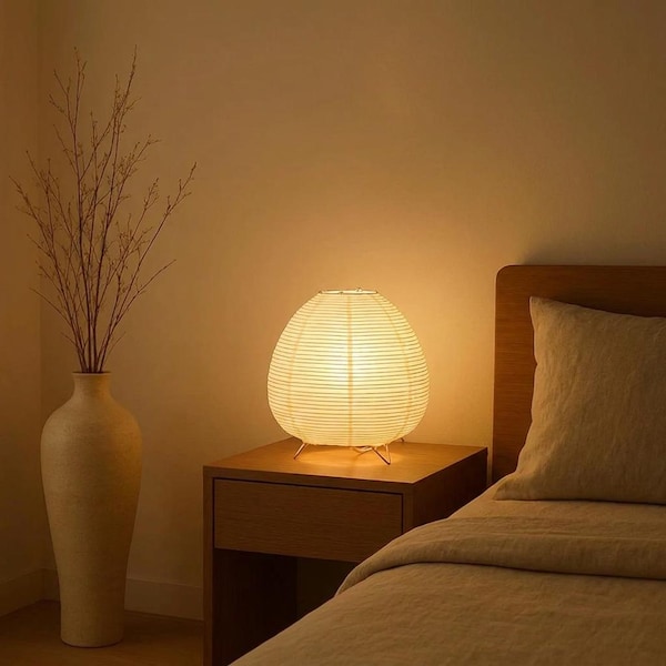 Japanese Rice Paper Table Lamp, Minimalist Bedside Light, Iron Frame Zen Decor