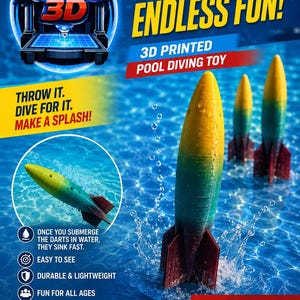 Può includere: Un'immagine promozionale per i giocattoli subacquei per piscina Mack's 3D. L'immagine mostra tre giocattoli colorati a forma di siluro in acqua, con il testo "Immergiti nel divertimento senza fine!" e "Giocattolo subacqueo per piscina stampato in 3D."