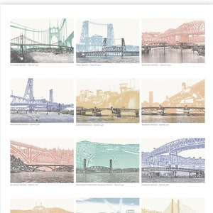 Portland, Oregon Bridge Poster - White Paper - 12 Willamette River Bridges in Portland - 12x16 and 16x20 Poster