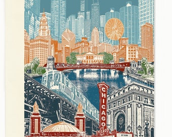 May include: A colorful illustration of the Chicago skyline, featuring iconic landmarks like the Willis Tower, the John Hancock Center, and the Chicago River. The image also includes a red and white sign that reads "Chicago" and a smaller sign that reads "The Windy City".