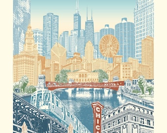 May include: A colorful illustration of the Chicago skyline, featuring iconic landmarks like the Willis Tower, the John Hancock Center, and the Wrigley Building. The image also includes the Chicago River, the Chicago Theatre, and the Chicago 'L' train. The text 'Chicago' is prominently displayed in red letters.