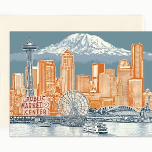 Cartão de notas de Seattle - Seattle ao Monte Rainier - Cartão de felicitações dobrado - Conjunto de 8 - Seattle Washington
