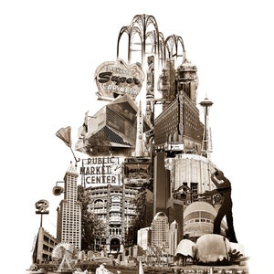 May include: A sepia-toned collage of iconic Seattle landmarks, including the Space Needle, Pike Place Market, the Ferris wheel, and the waterfront. The collage is set against a white background.
