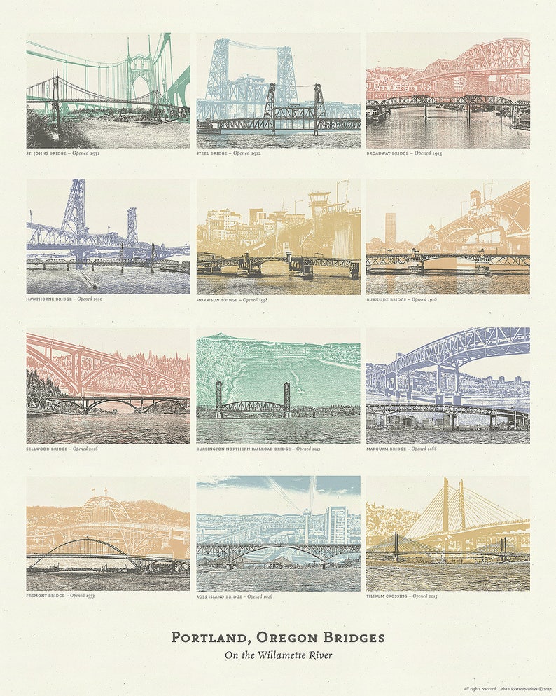 Portland Oregon Bridge Poster 12 Willamette River Bridges | Etsy