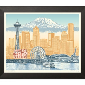 May include: A vintage-style illustration of the Seattle skyline with Mount Rainier in the background. The illustration features the Space Needle, the Ferris wheel, and the Public Market Center sign. The illustration is in shades of blue, yellow, and red.