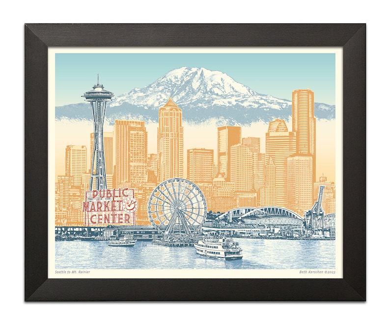May include: A vintage-style illustration of the Seattle skyline with Mount Rainier in the background. The illustration features the Space Needle, the Ferris wheel, and the Public Market Center sign. The illustration is in shades of blue, yellow, and red.