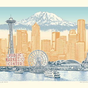 Seattle Archival Paper Art Print or Canvas Wrap – Seattle to Mt. Rainier– Vintage Vibe