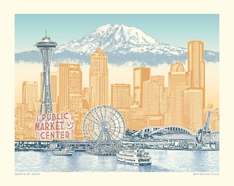 Seattle Archival Paper Art Print or Canvas Wrap – Seattle to Mt. Rainier– Vintage Vibe