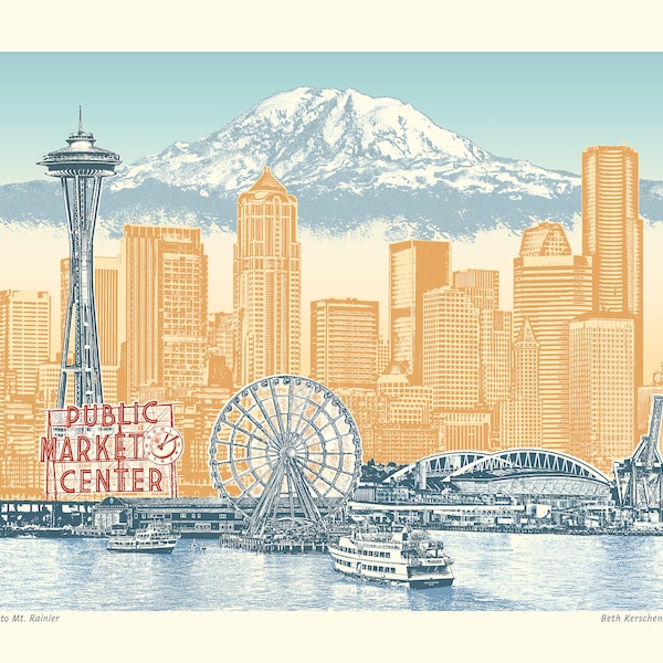 Seattle Archival Paper Art Print or Canvas Wrap – Seattle to Mt. Rainier– Vintage Vibe