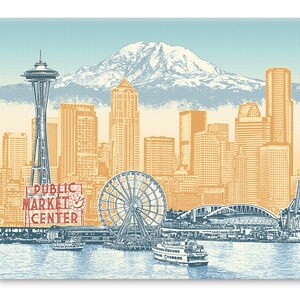 May include: A vintage-style illustration of the Seattle skyline, featuring the Space Needle, the Ferris wheel, and Mount Rainier in the background. The text "Public Market Center" is visible in the foreground.