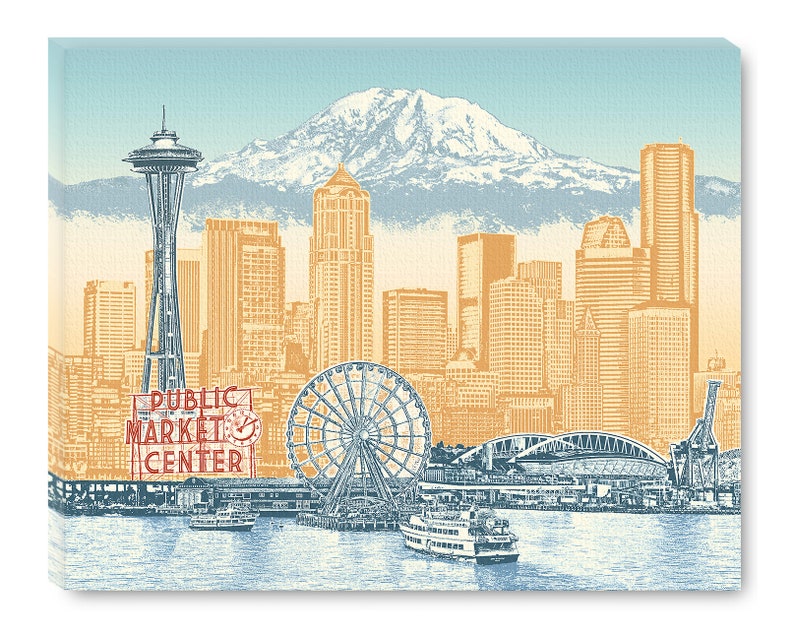 May include: A vintage-style illustration of the Seattle skyline, featuring the Space Needle, the Ferris wheel, and Mount Rainier in the background. The text "Public Market Center" is visible in the foreground.