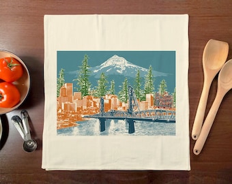 Portland, Oregon Cityscape Towel – Watching Over Portland – Tea Towel