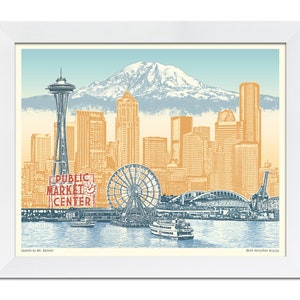 May include: A vintage-style illustration of the Seattle skyline, featuring the Space Needle, the Ferris wheel, and Mount Rainier in the background. The text "Public Market Center" is visible in red on a sign.